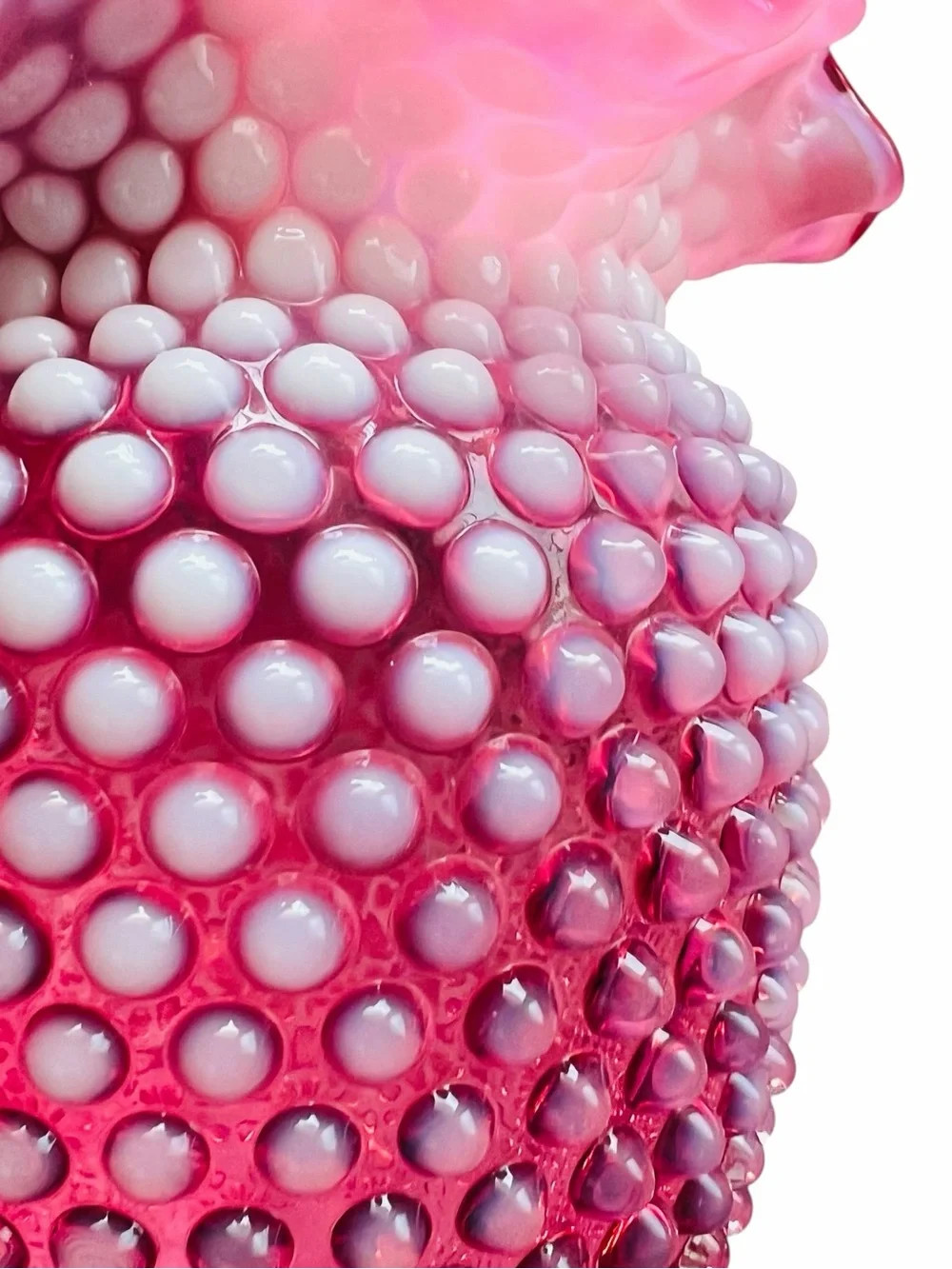 Vintage Fenton Cranberry Opalescent Glass Hobnail Crimped Vase